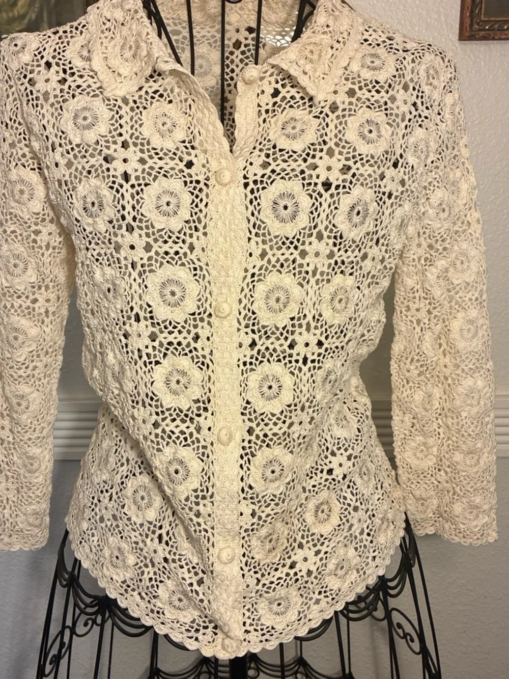 Cream Crocheted Button-Up Floral Lace Blouse